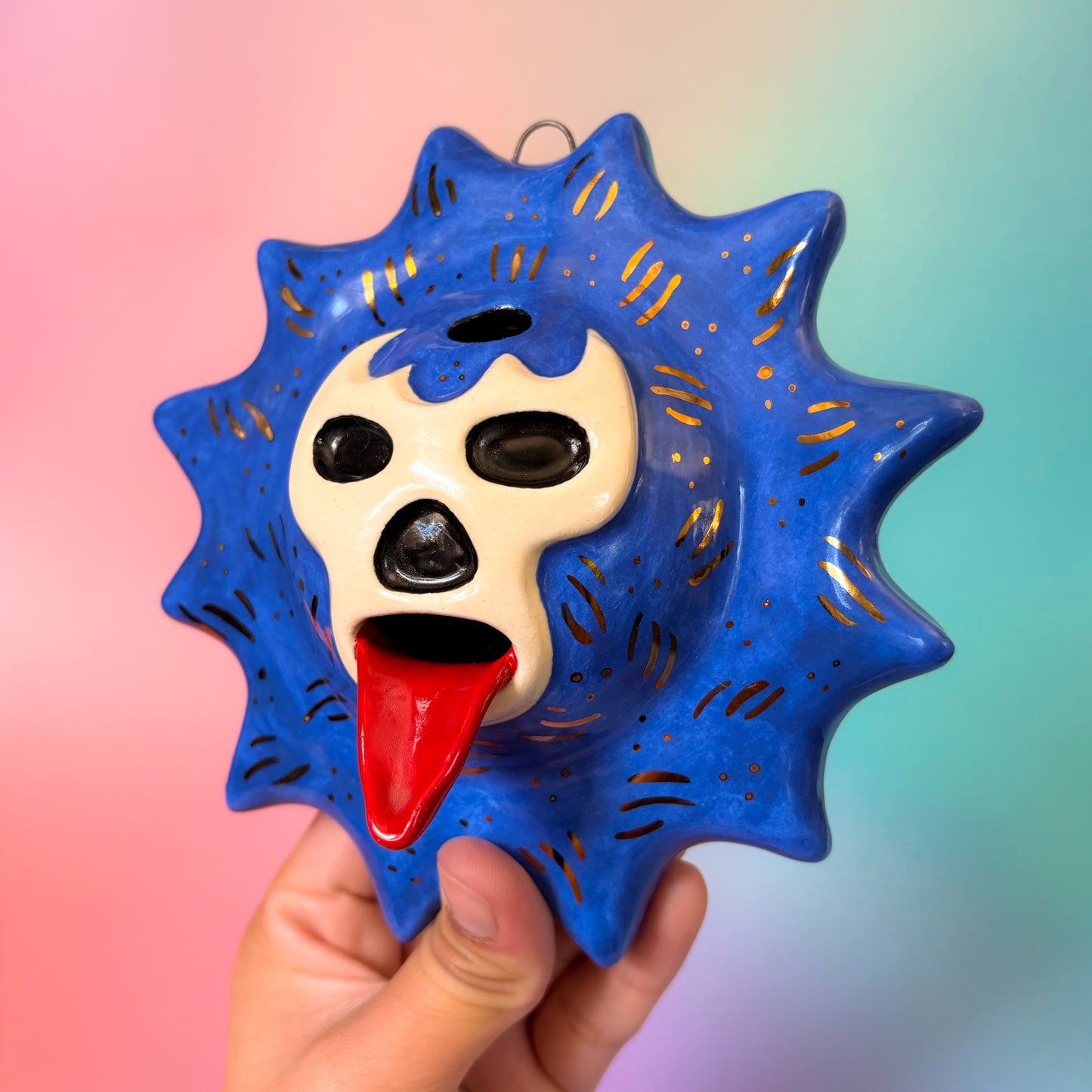 Golden Blue Demon Lucha Solecito Wall Hanging | Incense Holder