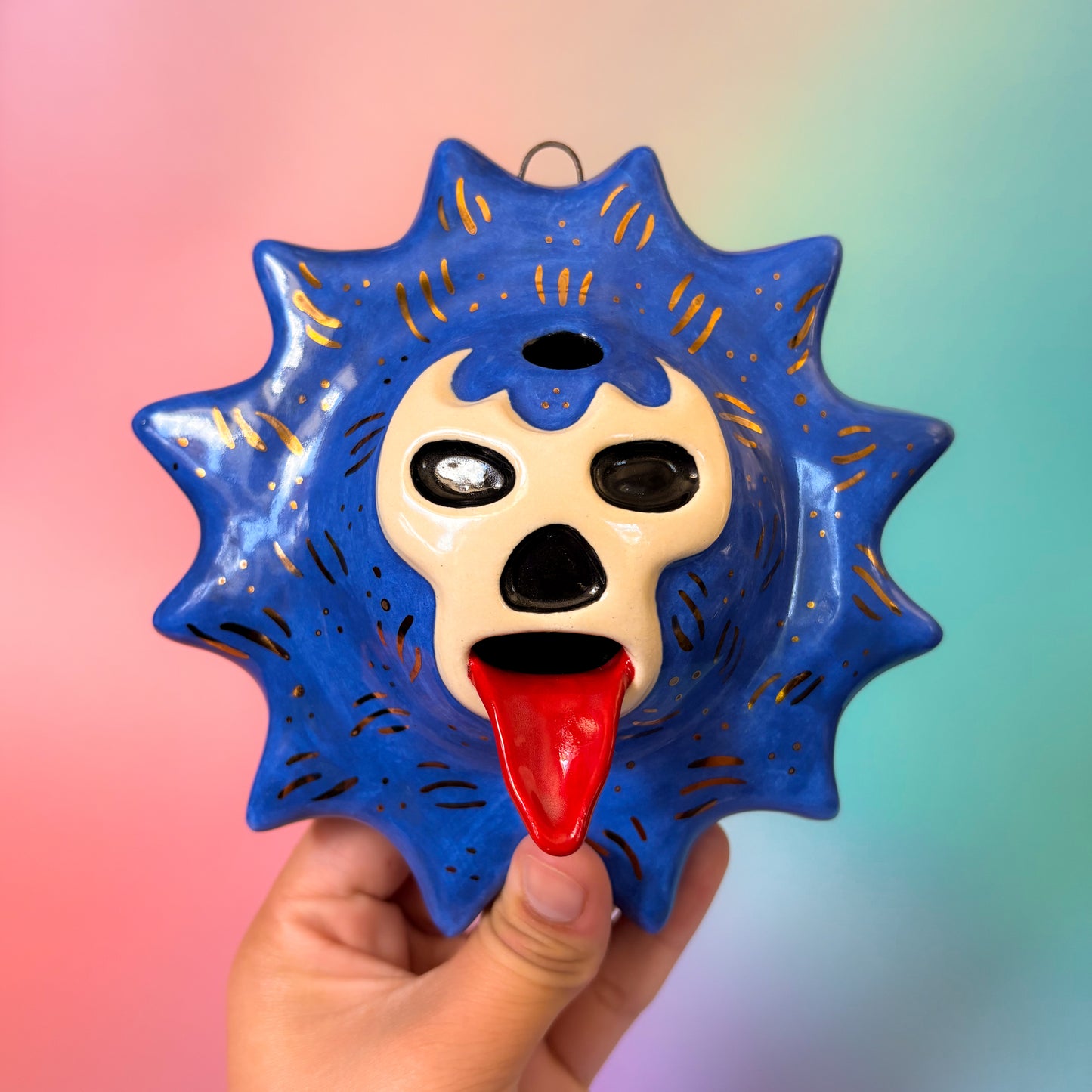 Golden Blue Demon Lucha Solecito Wall Hanging | Incense Holder